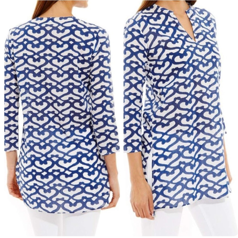 Roberta Roller Rabbit Womens Cata Kurta Blue Tunic Shirt 3/4 Sleeve Top XS